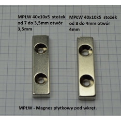 Magnes płytkowy pod wkręt MPŁW 40x10x5 [N38] stożek 7 mm do 3,5 mm biegun N i S